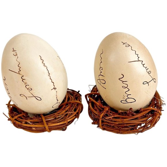 6 Vintage Hand Painted Birds On Ceramic Eggs In Nests Blue Yellow 3 1/4 Inch - Picture 7 of 12